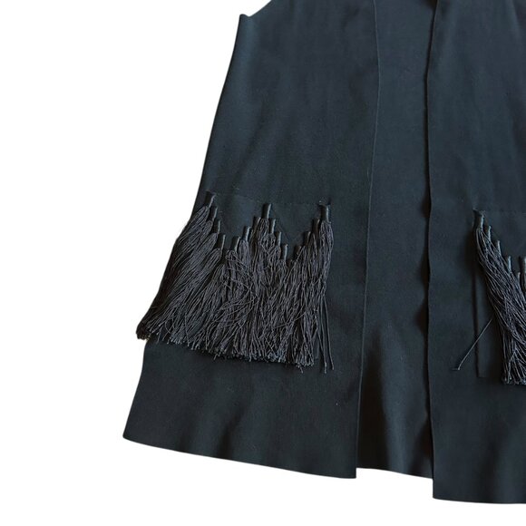 Kobi Halperin Black Open-Front Long-Length Vest Topper Fringe Pockets Size Small - Picture 4 of 13